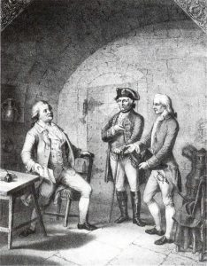 Schiller soll bei seinem Besuch des Häftlings Schubart im November 1781 geseufzt haben: »Ein gefangener Mann, ein armer Mann!« Zeitgenössische Darstellung